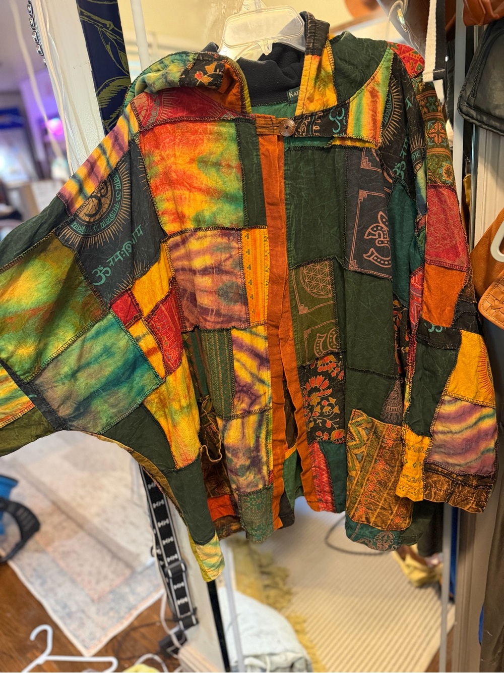 Kathmandu Patchwork Hooded Teddy Jacket in Green, Yellow & Orange